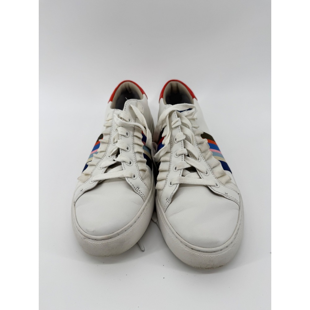 Tory Sport Womens Ruffle Stripe Leather Sneakers White Multi Color Low Top 10M